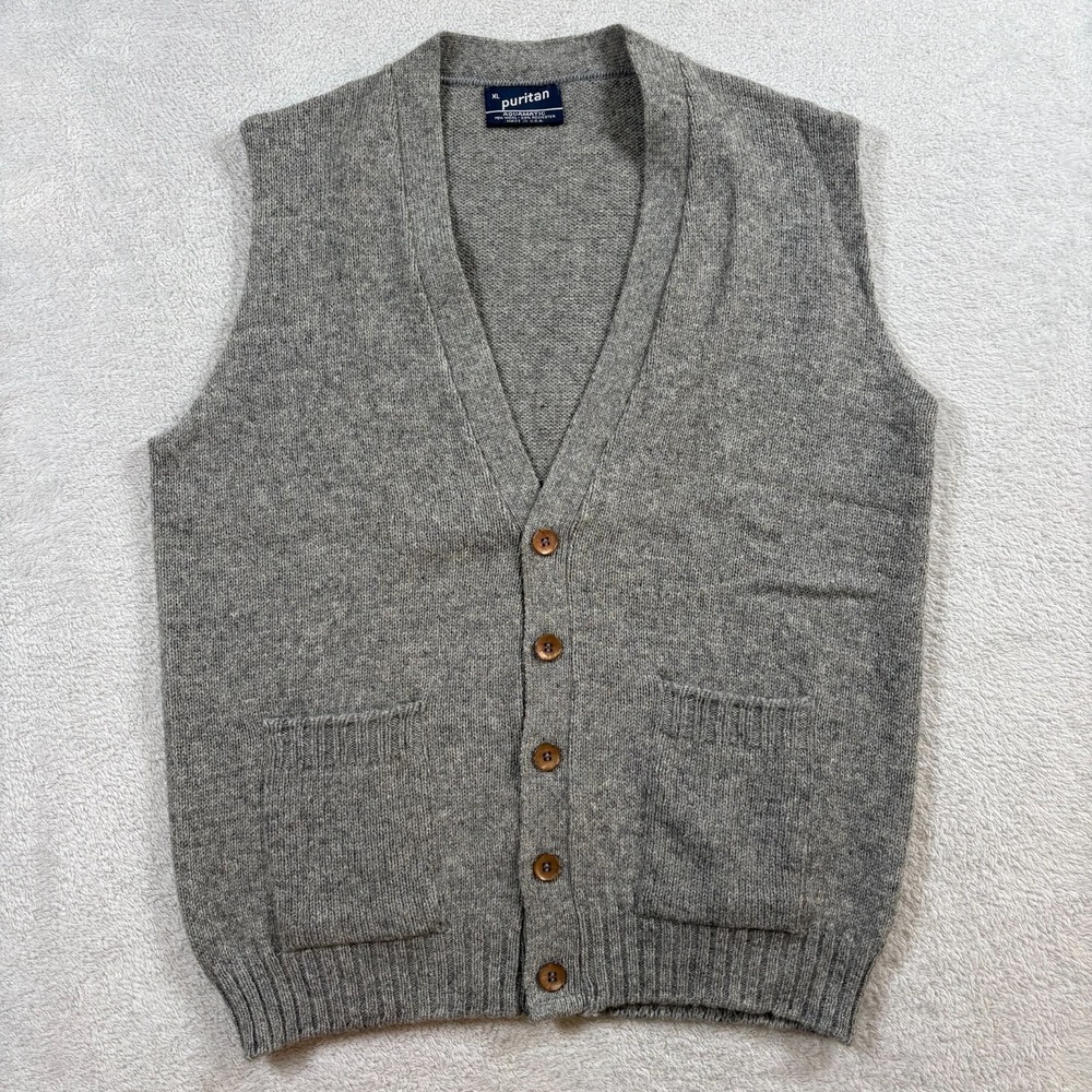 Puritan Aquamatic Sweater Vest‎ Mens XL Gray Wool Tight Knit Ribbed Warm V Neck